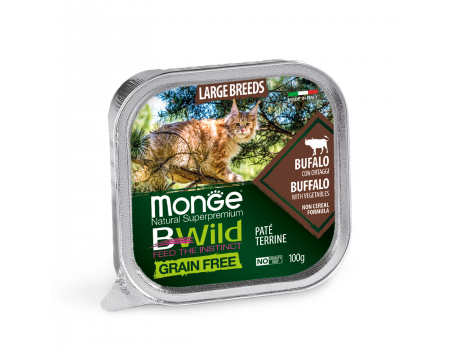Monge Cat Вwild Grain Free буйвол c овощами, полноценный сбалансированный рацион из мяса буйвола с овощами для кошек крупных пород от 2 месяцев,  100г