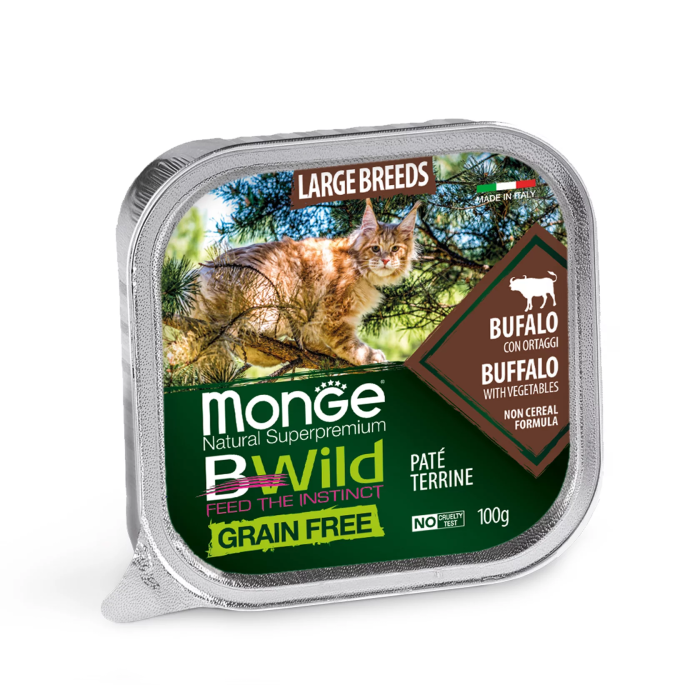 Monge Cat Bwild Grain Free буйвол з овочами, повноцінний збалансований раціон з м'яса буйвола з овочами для кішок великих порід від 2 місяців, 100г