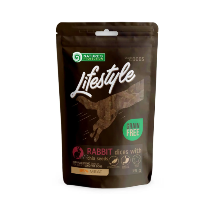 Беззернові ласощі для собак Nature's Protection Lifestyle, soft rabbit dices with chia seeds, кролик з насінням чіа, 75 г