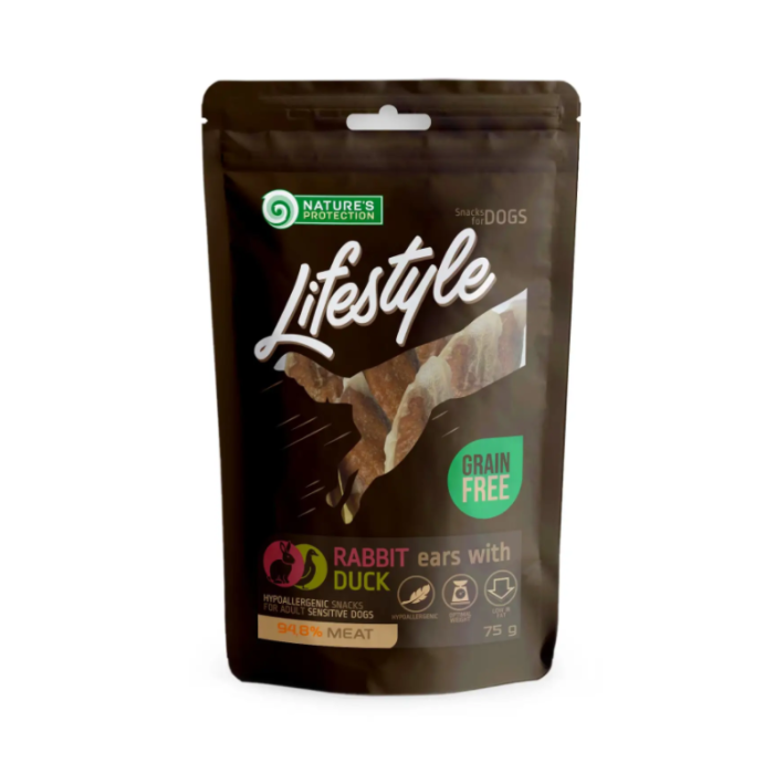 Беззерновое лакомство для собак Nature's Protection Lifestyle, rabbit ears with duck, кроличьи уши с уткой, 75 г