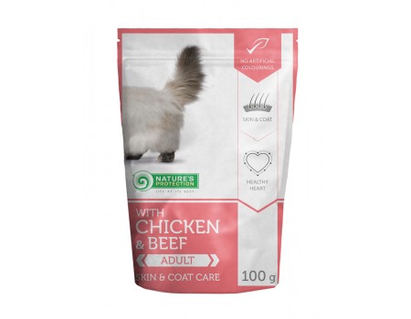 Консервированный корм для котов Nature‘s Protection SKIN & COAT CARE, с курицей и говядиной, 100г