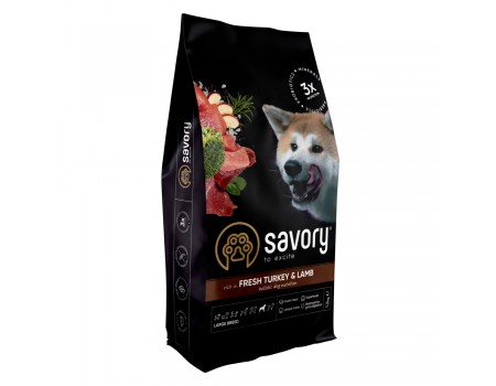 Сухой корм для собак крупных пород Savory Large Breeds rich in Fresh Turkey and Lamb со свежим мясом индейки и ягнятиной, 12 кг