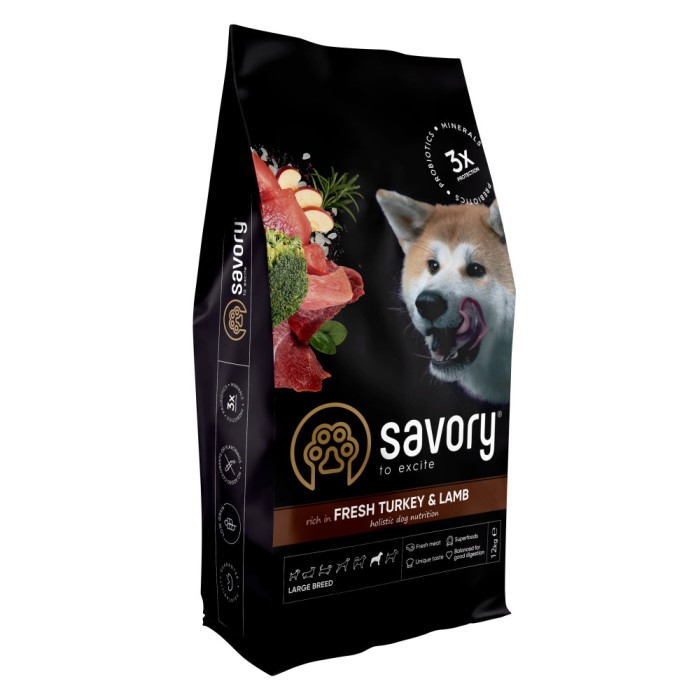 Сухий корм для собак великих порід Savory Large Breeds rich in Fresh Turkey and Lamb зі свіжим м’ясом індички та ягнятиною, 12 кг
