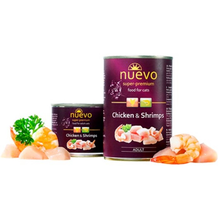 NUEVO ADULT Корм консервований з курка з креветками, для котів, 200г