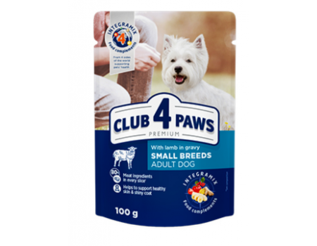 Club 4 Paws (Клуб 4 лапи) PREMIUM повнораційний консервований корм для дорослих собак малих порід "З ЯГНЯТИНОЮ В СОУСІ" 100г