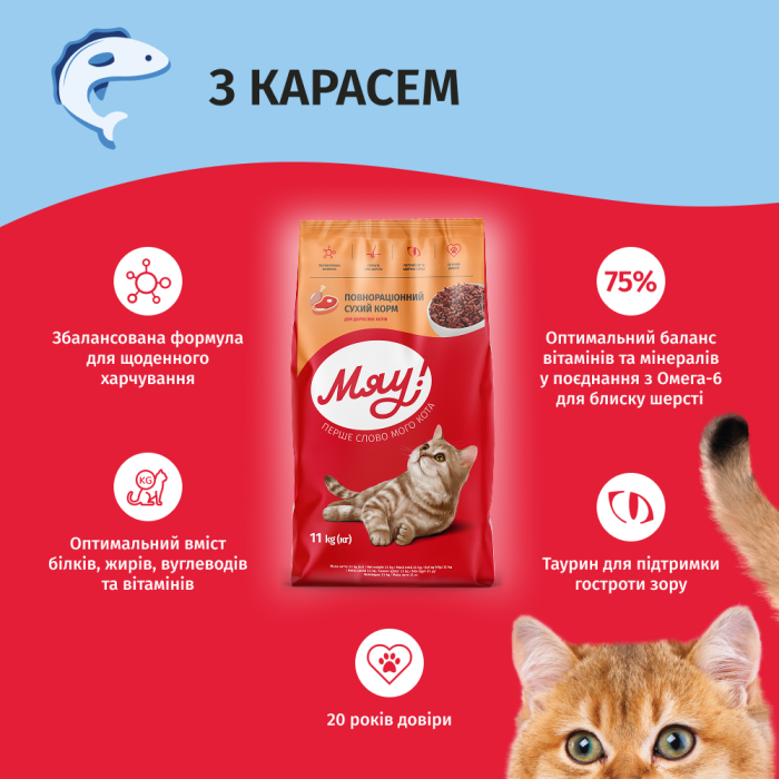 Сухий корм Мяу! для дорослих котів, карась, 11 кг