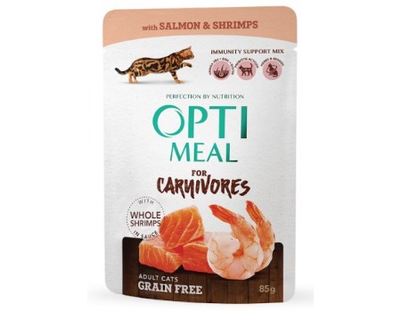 Беззерновой влажный корм Optimeal для взрослых кошек, с лососем и креветками в соусе, 85 г