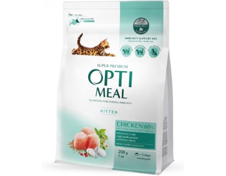 OptiMeal (Оптимил) Повнораційний сухий корм для кошенят – курка, 0,2 кг+0.1 кг у подарунок