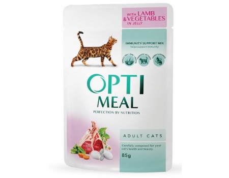 Влажный корм Optimeal для взрослых кошек, с ягненком и овощами в желе, 85 г