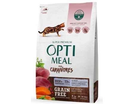 Беззерновой сухой корм Optimeal для взрослых кошек, с уткой и овощами, 4 кг