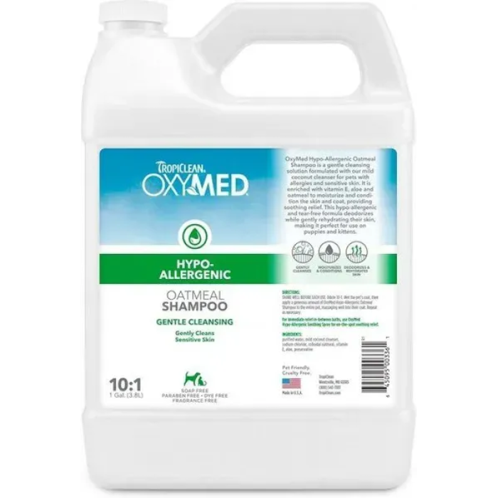 Шампунь Tropiclean OxyMed Hypo-Allergenic гипоалергенный успокаивающий для собак и кошек, 3,8 л, концентрат 1:10 
