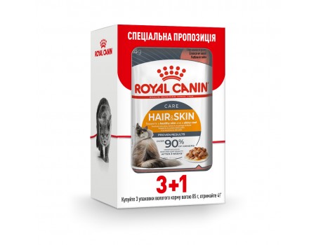 Влажный корм для кошек Royal Canin Hair & Skin Care Gravy pouch 85 г, 3+1 шт - домашняя птица
