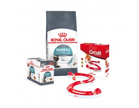 Сухой корм ROYAL CANIN HAIRBALL CARE 2kg + влажный корм HAIRBALL CARE 12 паучей + игрушка Cat Play Circuit в подарок