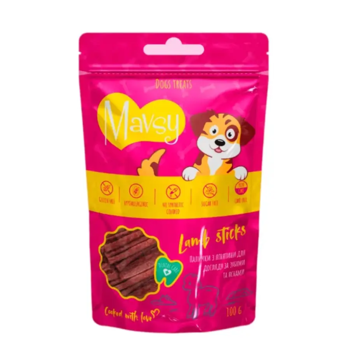 Ласощі для собак Mavsy-lamb sticks, палички з ягнятини для догляду за зубами та яснами, 100 г