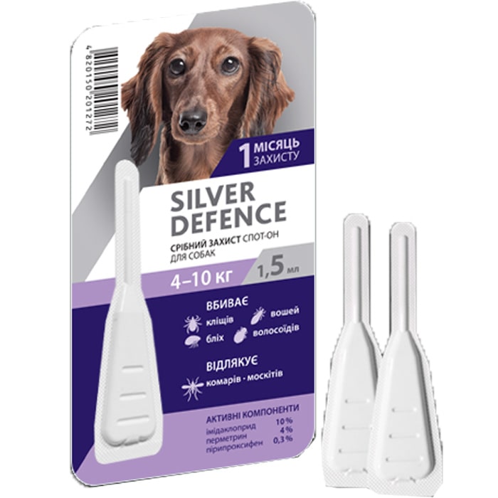 КАПЛИ НА ХОЛКУ SILVER DEFENCE ОТ БЛОХ, КЛЕЩЕЙ И КОМАРОВ ДЛЯ СОБАК ВЕСОМ 4-10 КГ