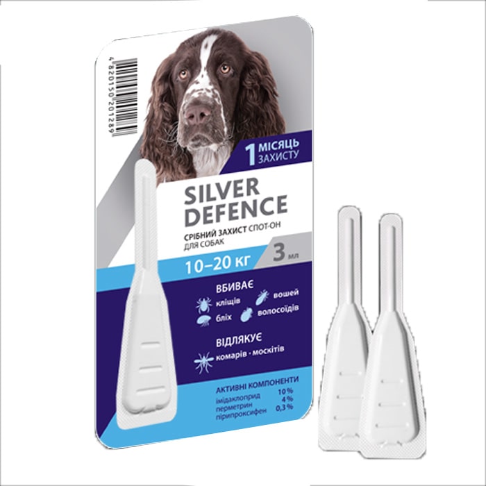 КРАПЛІ НА ХОЛКУ SILVER DEFENCE ВІД БЛОХ, КЛІЩІВ І КОМАРІВ ДЛЯ СОБАК ВАГОЮ 10-20 КГ 1 піпетка