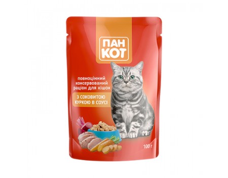 Пан Кіт Курка пауч для дорослих кішок всіх порід із соковитою куркою у соусі 100г