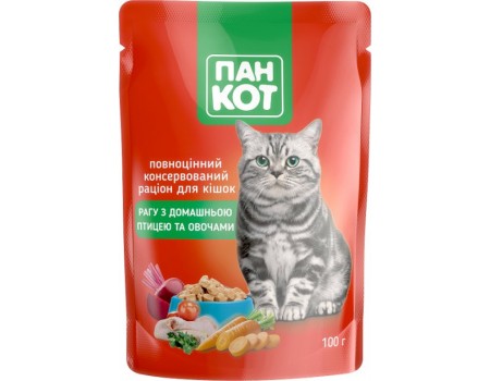 Пан Кот Птица и овощи пауч для взрослых кошек всех пород с домашней птицей и овощами в желе 100 г