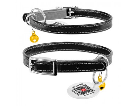Ошейник для котов кожаный WAUDOG Glamour с QR паспортом, без украшений, Ш 9 мм, Дл 22-30 см,  черный