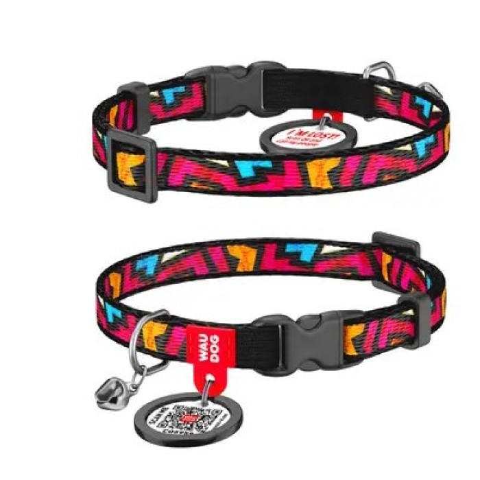 Нашийник для котів нейлоновий WAUDOG Nylon c QR паспортом, малюнок "Графіті", пластиковий фастекс, XS, Ш 10 мм, Дл 20-30 см