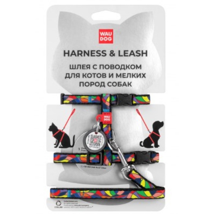 Шлея с поводком для котов WAUDOG Nylon c QR паспортом, рисунок «Витраж», пластиковый фастекс, XS, Ш 10 мм, В 25-40 см, С 20-30 см