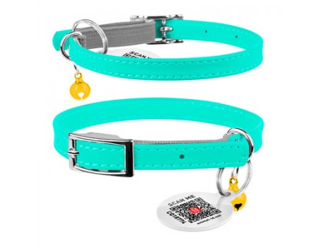 Ошейник для котов кожаный WAUDOG Glamour с QR паспортом, без украшений, Ш 9 мм, Дл 22-30 см, ментоловый
