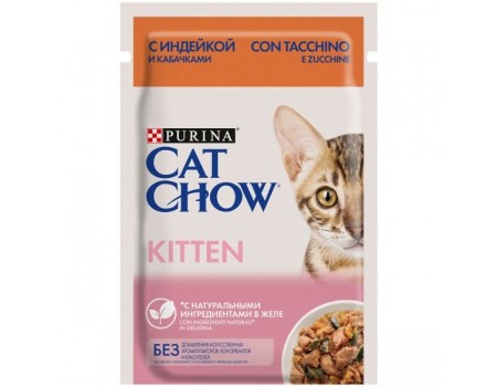 Вологий корм для кошенят Cat Chow, з індичкою та кабачками в желе, Пауч, 85г
