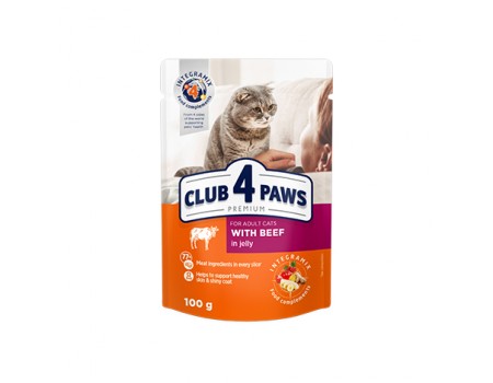 Вологий корм Club 4 Paws (Клуб 4 лапи) Premium для котів, з яловичиною в желе, 100 г