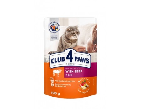 Влажный корм Club 4 Paws (Клуб 4 лапы) Premium, для взрослых кошек, с говядиной в желе, 100 г