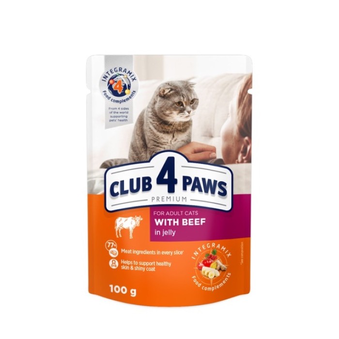 Влажный корм Club 4 Paws (Клуб 4 лапы) Premium, для взрослых кошек, с говядиной в желе, 100 г
