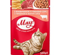Влажный корм Мяу!, для взрослых кошек, с говядиной в нежном соусе, 100..