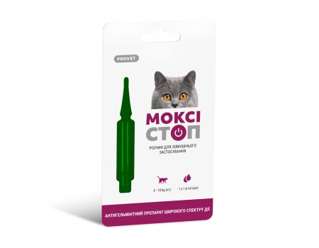 Краплі PROVET МОКСІСТОП для котів 4-10 кг, 1 піпетка 1,0 мл (антигельмінтик)