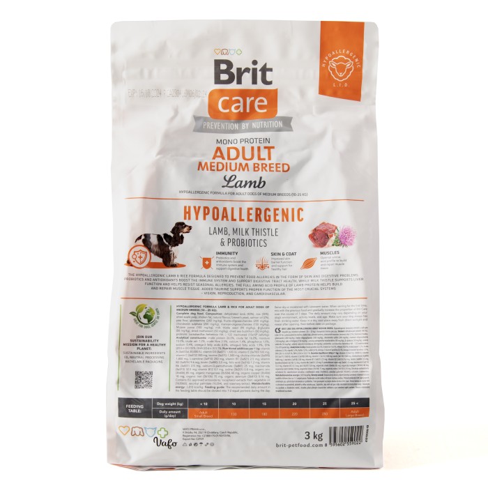 Корм для собак средних пород Brit Care Dog Hypoallergenic Adult Medium Breed гипоаллергенный с ягненком, 3 кг