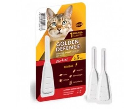 Капли на холку GOLDEN DEFENCE от паразитов для кошек весом ДО 4 КГ (1пипетка)