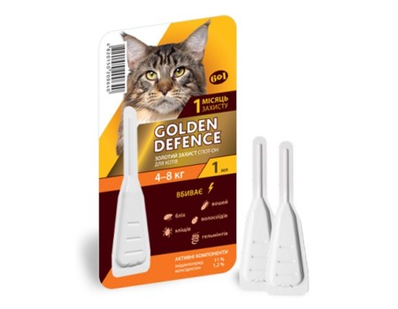 Краплі на холку GOLDEN DEFENCE від паразитів, для кішок вагою від 4 до 8 кг (1піпетка)