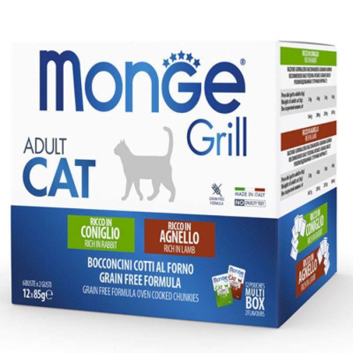 Пауч Monge Cat GRILL Wet мясные кусочки в желе MIX кролик/ягненок набор 12х85 г