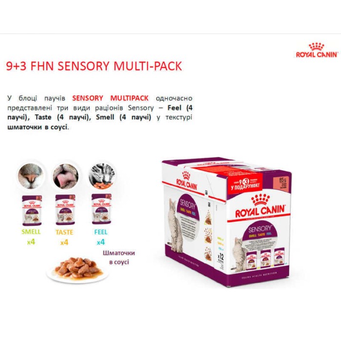 Вологий корм Royal Canin Sensory Multi-Pack Feel, Taste, Smell, для стимуляції смакових рецепторів котів, м'ясо та риба, мультипак 3х4х85 г