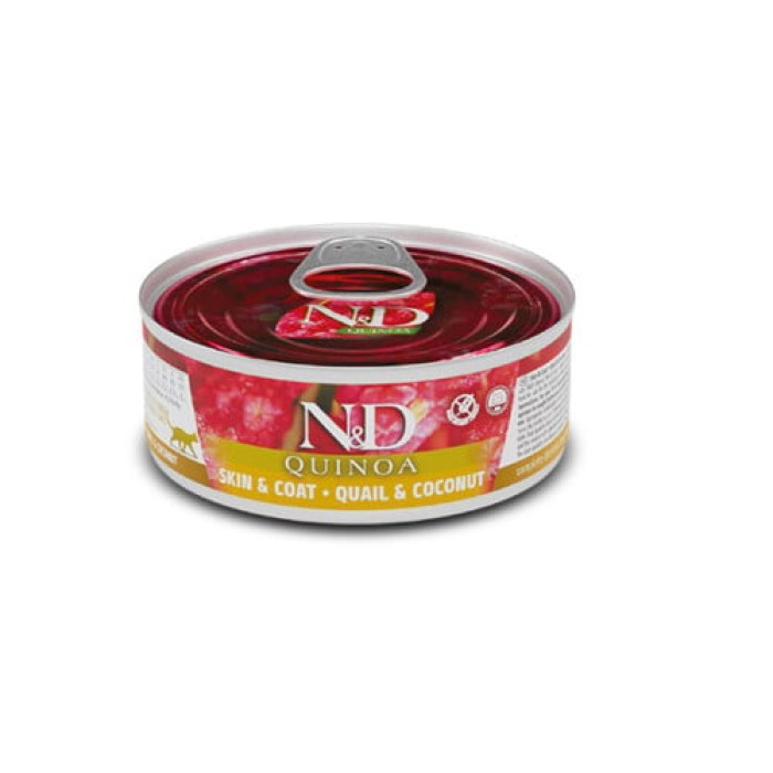 Farmina cat вологий корм  N&D Quinoa Skin&Coat ADULT при харчовій алергії з перепелом, кіноа, кокос та куркума 80г 02161