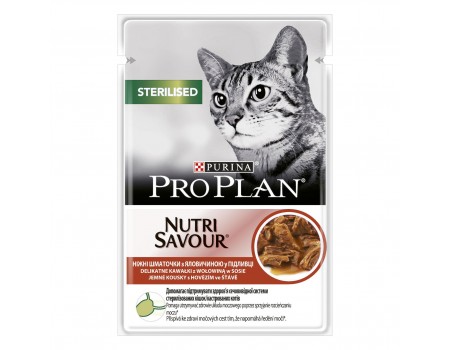 Вологий корм ProPlan Sterilised Nutrisavour, для кастрованих котів, з яловичиною, 85 г