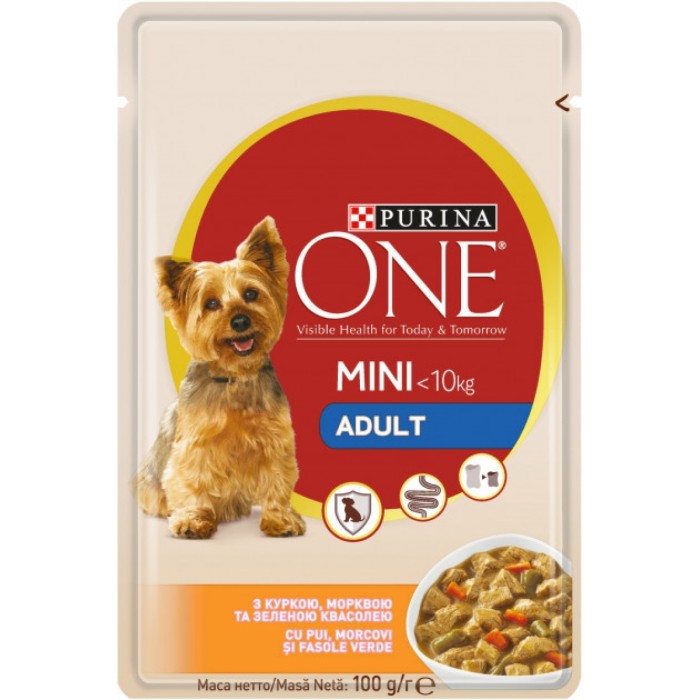 Влажный корм Purina One Mini, для взрослых собак, курица/морковь/зеленая фасоль, 100г