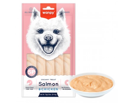 Wanpy Creamy Lickable Treat Salmon&Chicken ВАНПІ ЛОСОСЬ КУРКА рідкі ласощі для собак, 0.07 кг, в пакунку 5 стіків по 14 г 