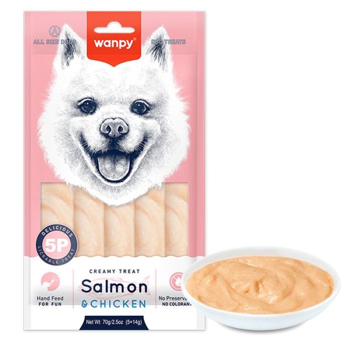 Wanpy Creamy Lickable Treat Salmon&Chicken ВАНПИ ЛОСОСЬ КУРИЦА жидкое лакомство для собак, 0.07 кг, в упаковке 5 стиков по 14 г