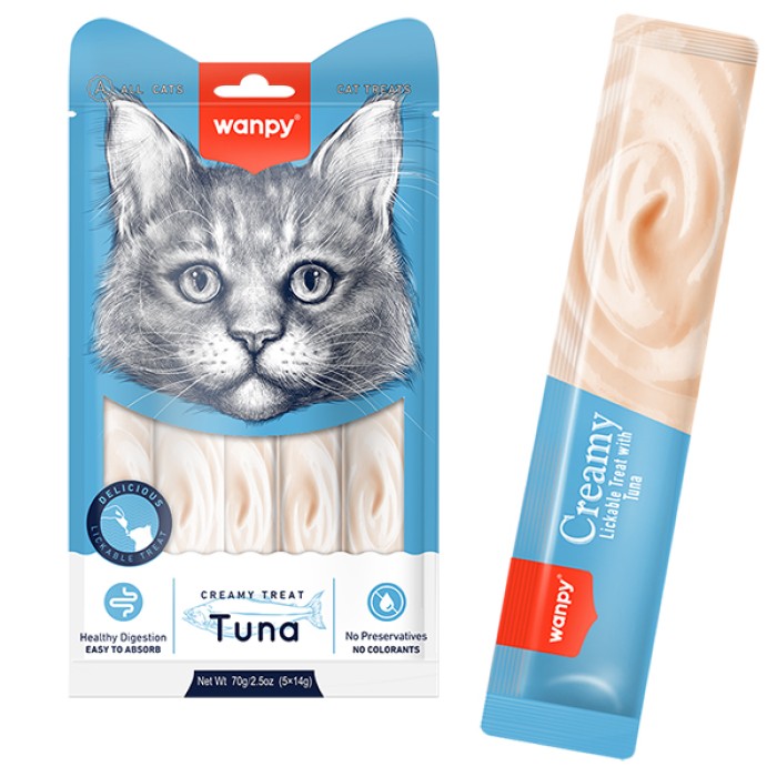 Wanpy Creamy Lickable Treats Tuna ВАНПІ ТУНЕЦЬ рідкі ласощі для котів, 0.07 кг, в пакунку 5 стіків по 14 г 