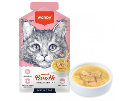 Жидкий корм для кошек Wanpy Meat Broths Duck, С ТУНЦОМ И КРЕВЕТКАМИ, беззерновой, 50 г