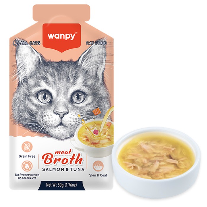 Жидкий корм для кошек Wanpy Meat Broths Duck, С ЛОСОСЕМ И ТУНЦОМ, беззерновой, 50 г