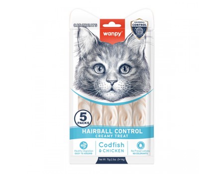 Wanpy Functional Creamy Lickable Treat Hairball Control ВАНПІ ВИВЕДЕННЯ ШЕРСТІ рідкі ласощі для котів, 0.07 кг (5х14г)