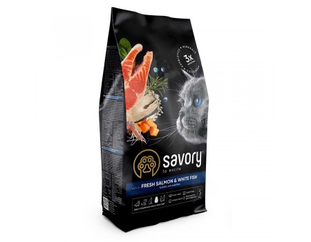 Savory Adult Cat Fresh Salmon & White Fish Сухий корм для дорослих довгошерстих кішок 2 кг (лосось)