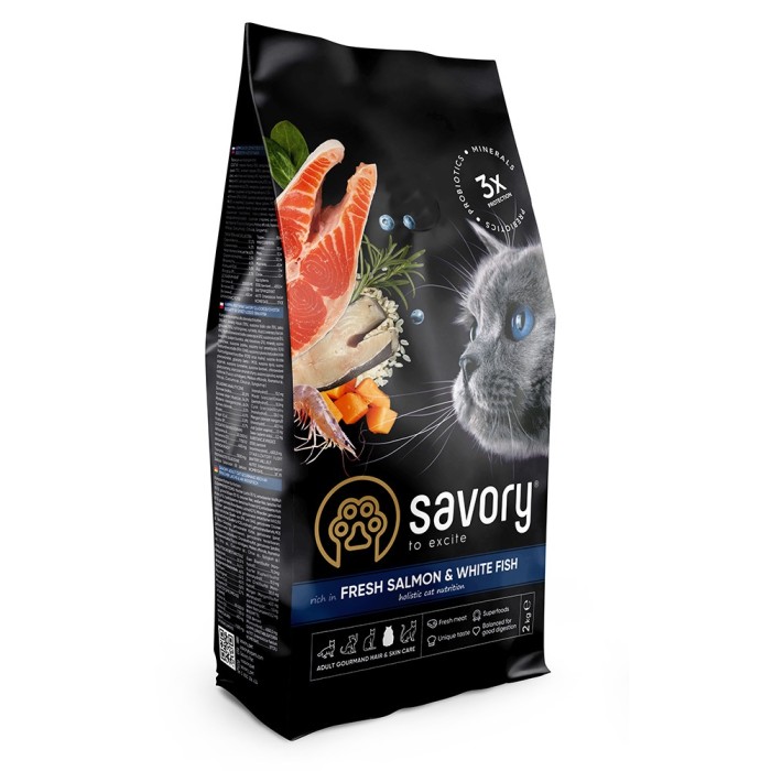 Savory Adult Cat Gourmand Fresh Salmon & White Fish Сухой корм для взрослых длинношерстных кошек 2 кг (лосось)