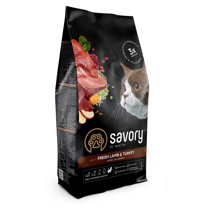 Сухой корм для кошек с чувствительным пищеварением Savory Adult Cat Sensitive Digestion Fresh Lamb and Turkey со свежим мясом ягненка и индейкой, 2 кг