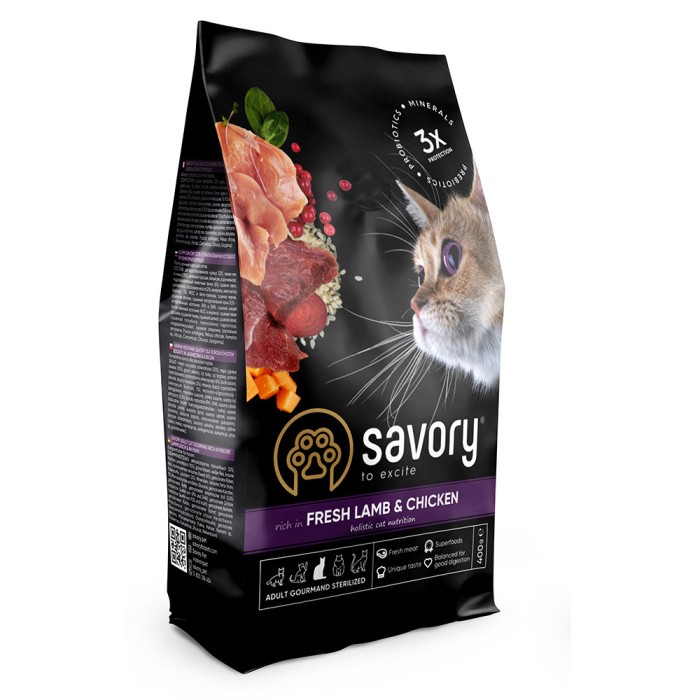 Сухой корм для кастрированных котов Savory Adult Cat Steril Fresh Lamb and Chicken со свежим мясом ягненка и курицей, 400 г